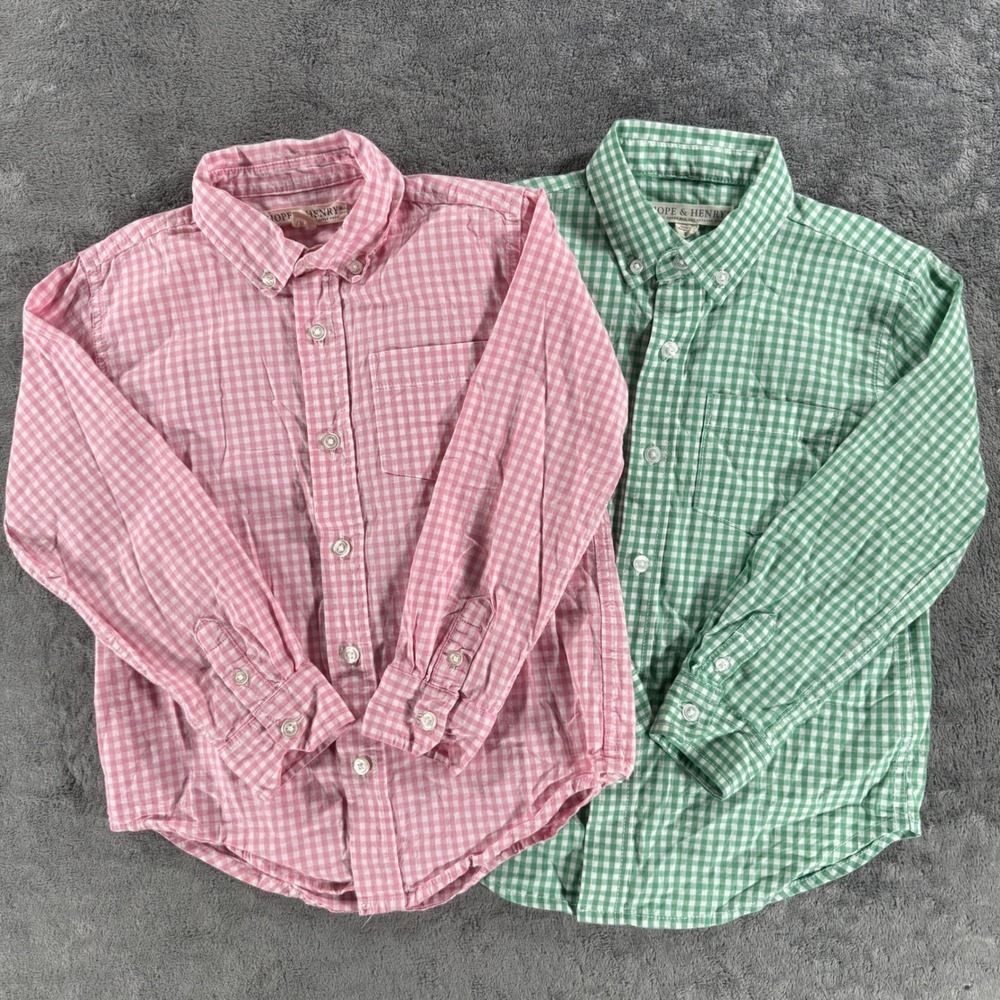 Hope & Henry Button Down Shirt Boys Small Green Pink Excellent Gingham Lot of 2